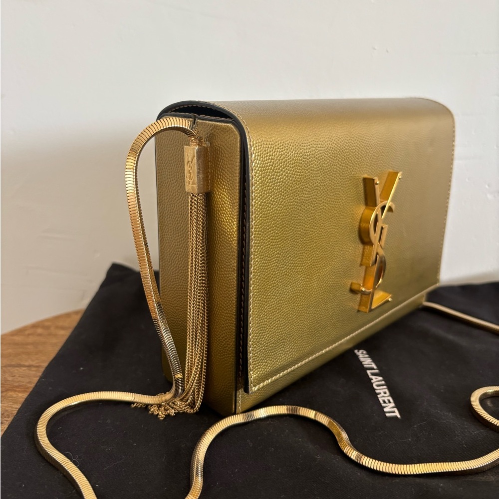 Saint Laurent Gold Leather YSL Tassel Chain Crossbody